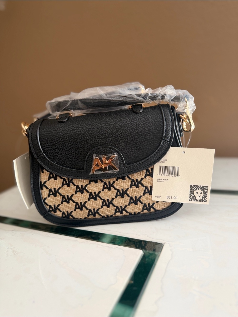 Anne Klein Black & Natural Logo Saddle Crossbody